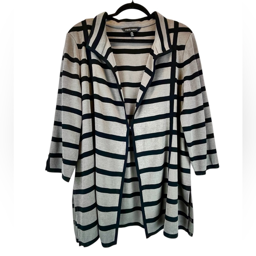 Ming Wang Cardigan Blazer Jacket Stripes Gray Black Plus Size Career 1X 20W-22W